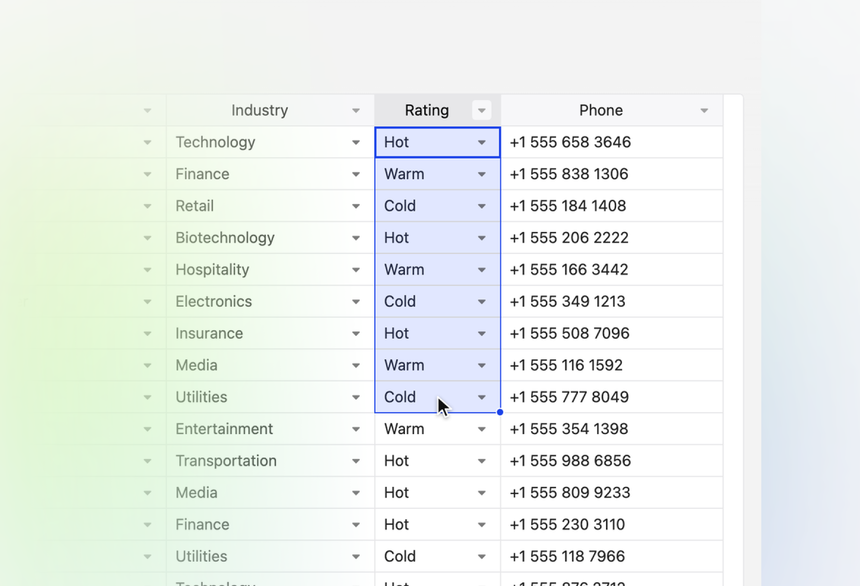 Nine Rating cells selected in a grid in Salesforce, with the fill handle ready to repeat the values down the column