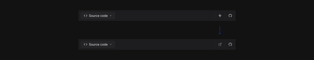 A documentation example's toolbar before and after the switch: the StackBlitz lightning icon replaced by an open-in-runner icon
