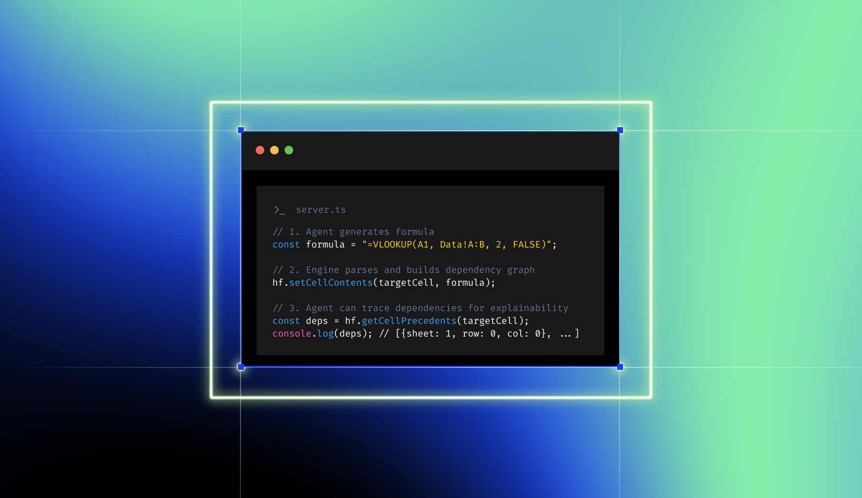 A server.ts window where an agent writes a VLOOKUP formula, HyperFormula sets it on a cell and returns the cell's precedents