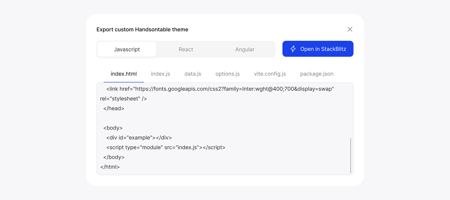 Theme Builder export dialog with the generated code for JavaScript, React or Angular and an Open in StackBlitz button