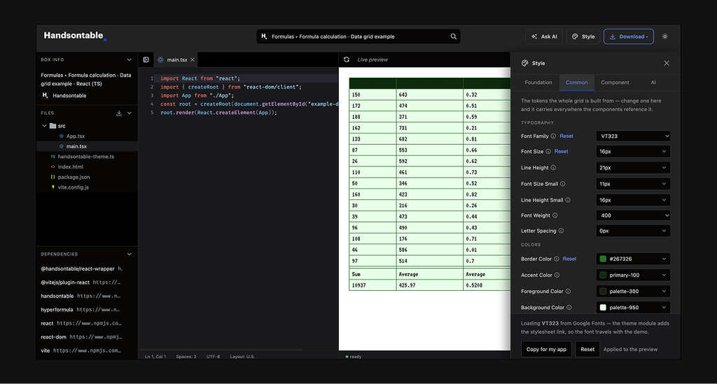 The Theme Builder inside the demo runner: file tree and code editor on the left, a live grid preview in the middle, and a Style panel of typography and colour tokens on the right