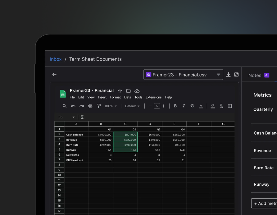 Visible's term sheet view: an imported financials spreadsheet beside the quarterly metrics extracted from it