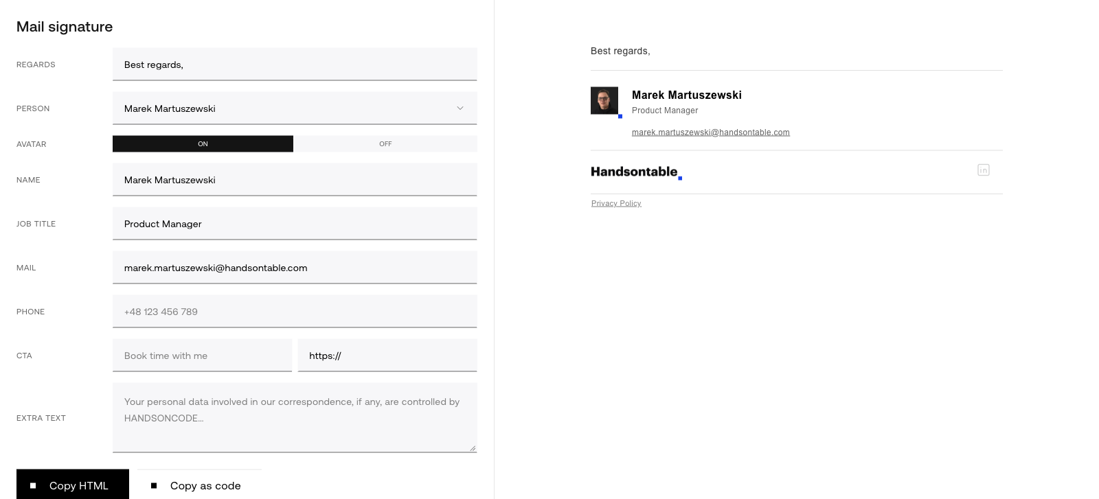 The email signature generator: a form with name, job title, email, phone and call to action on the left, and the rendered Handsontable signature with photo and logo on the right.