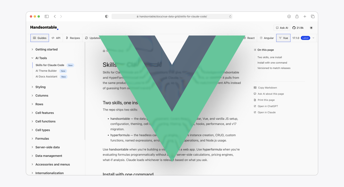 Handsontable documentation page with the new Vue section highlighted by the Vue logo