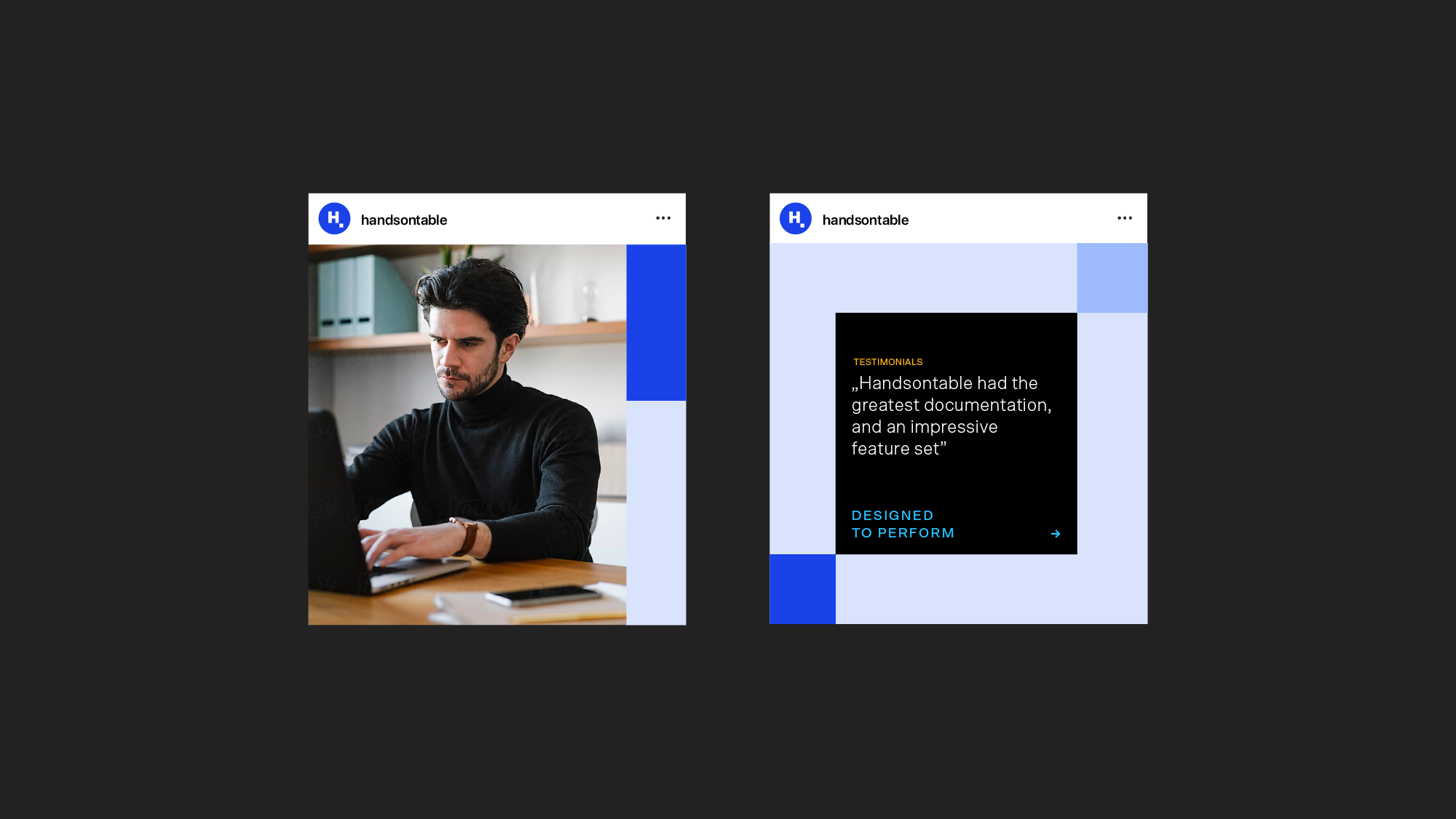 Two Handsontable social media posts in the new brand style: a photo of a developer and a customer testimonial
