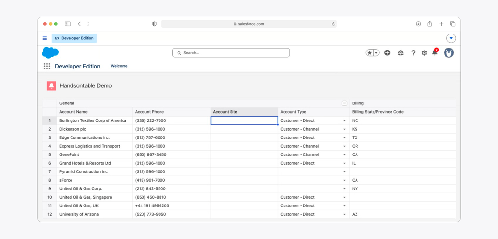 Handsontable running inside a Salesforce Developer Edition page as a Lightning Web Component, showing an account table with nested General and Billing headers