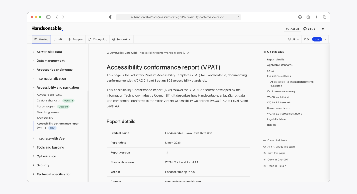Accessibility conformance report (VPAT) page in the Handsontable documentation