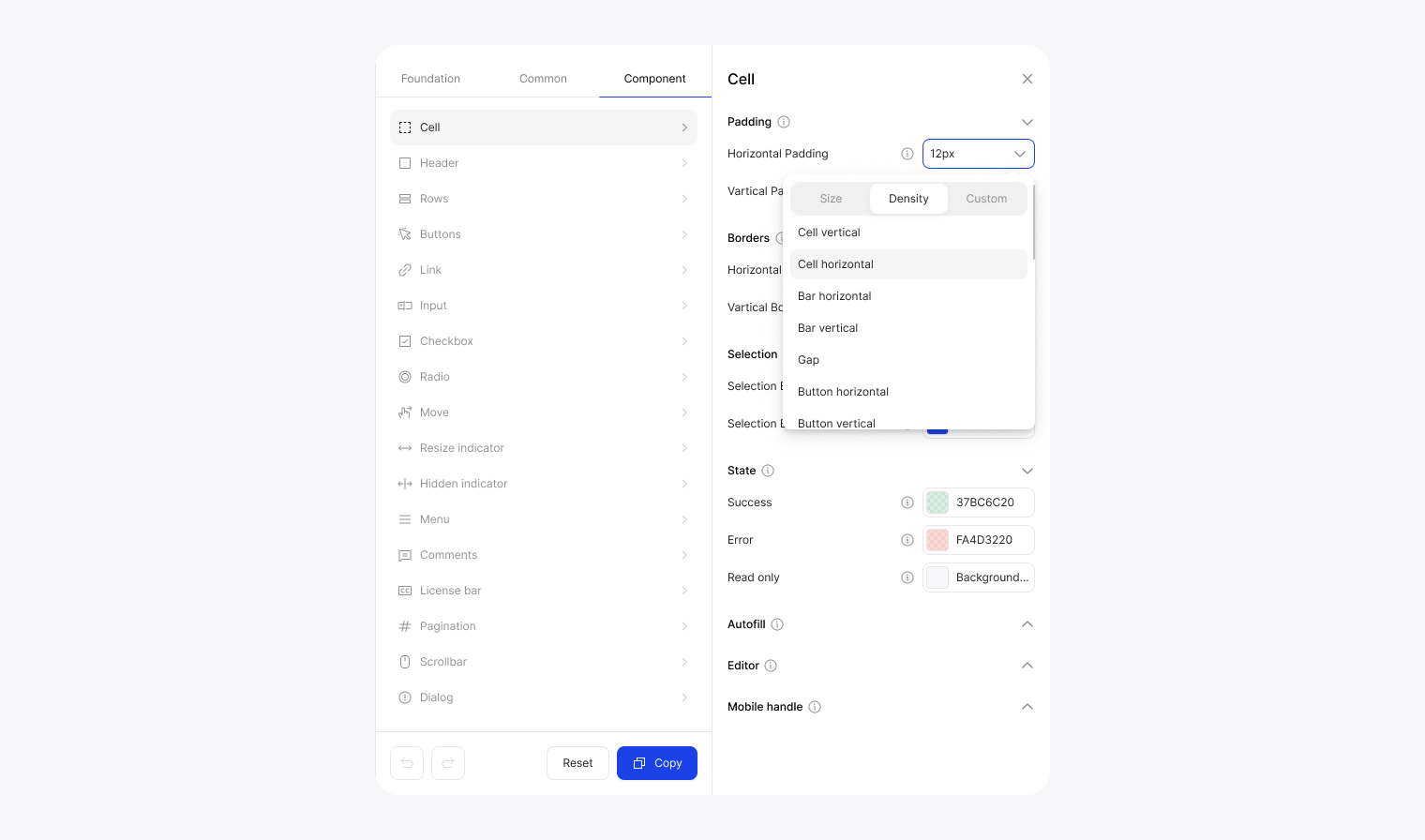 Theme Builder Component tab editing the Cell component's padding, borders, selection and state colors