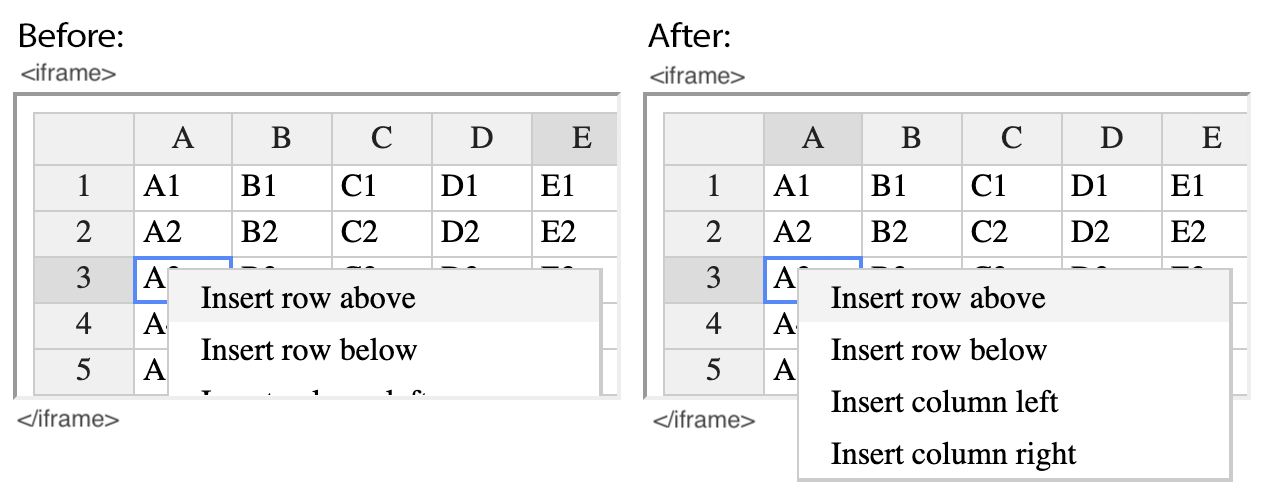 Before and after: the context menu used to be clipped by its iframe and now renders in full