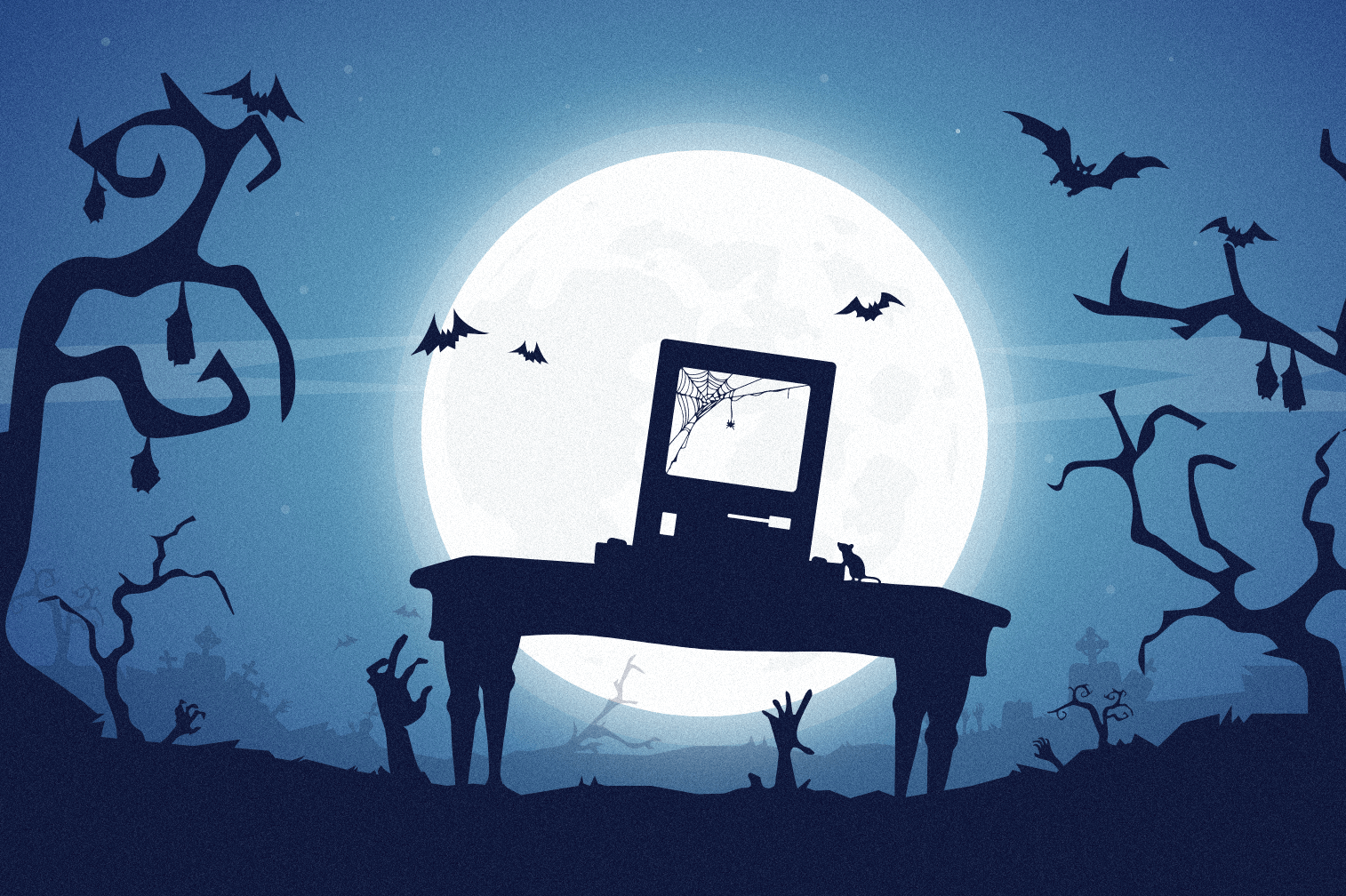 Illustration of an old computer on a desk under a full moon, with bats and bare trees