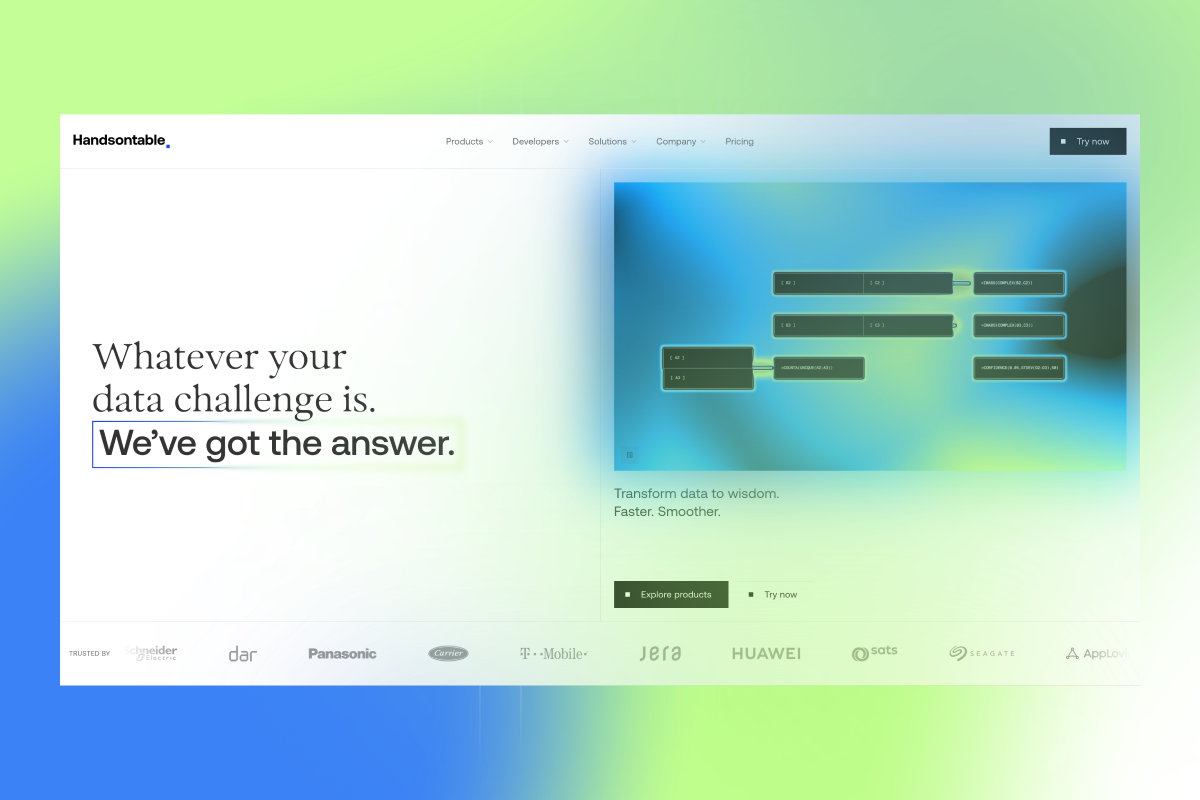 The new handsontable.com homepage: the headline “Whatever your data challenge is. We’ve got the answer.” beside a formula diagram on a blue gradient, over a green and blue wash.