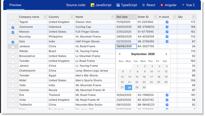 Example of Handsontable data grid — 7 leading JavaScript data grids in 2023