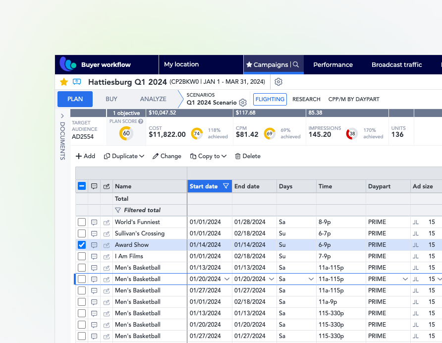 Mediaocean's buyer workflow: a campaign plan with cost and impression scores above a grid of scheduled TV spots