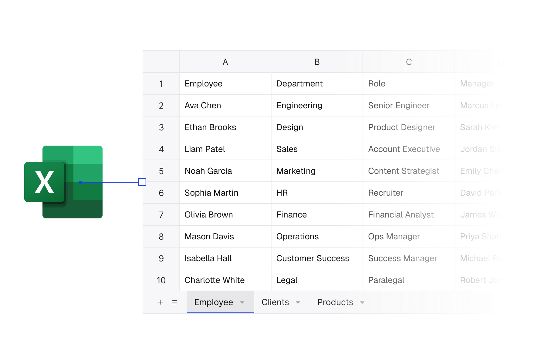 An Excel file icon connected to a spreadsheet grid with employee, department and role columns, and a sheets bar with Employee, Clients and Products tabs
