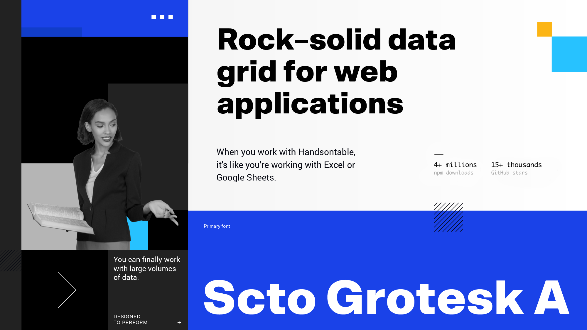 Handsontable brand layouts set in the Scto Grotesk A typeface