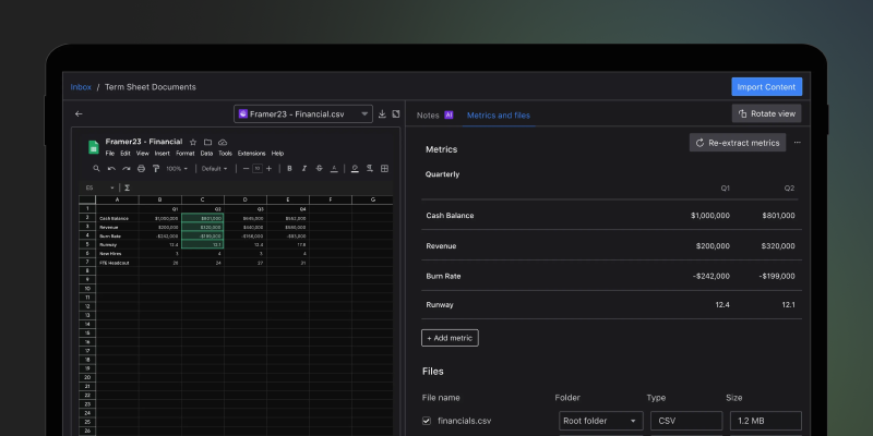 Visible's term sheet view: an imported financials spreadsheet beside the quarterly metrics extracted from it