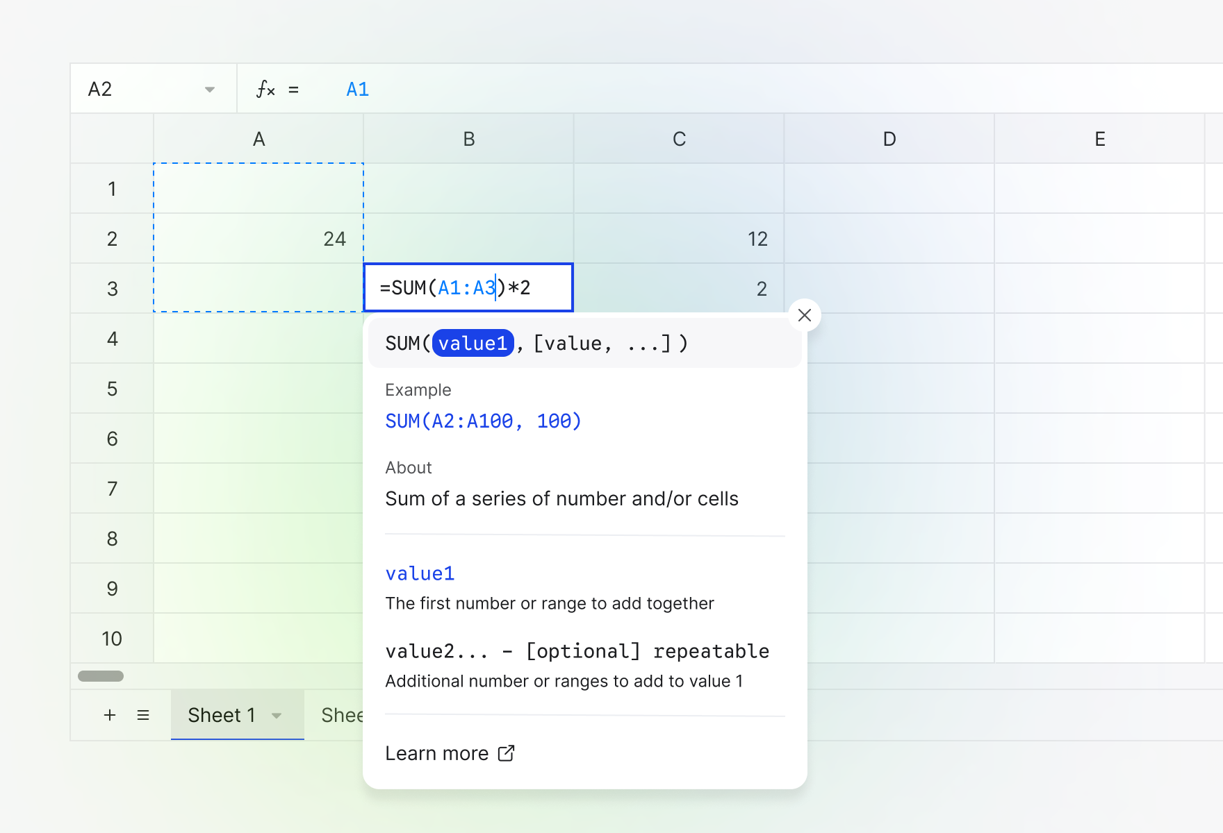 A Handsontable sheet with =SUM(A1:A3)*2 being typed in B3, the referenced range outlined and the SUM function's help card open beside it