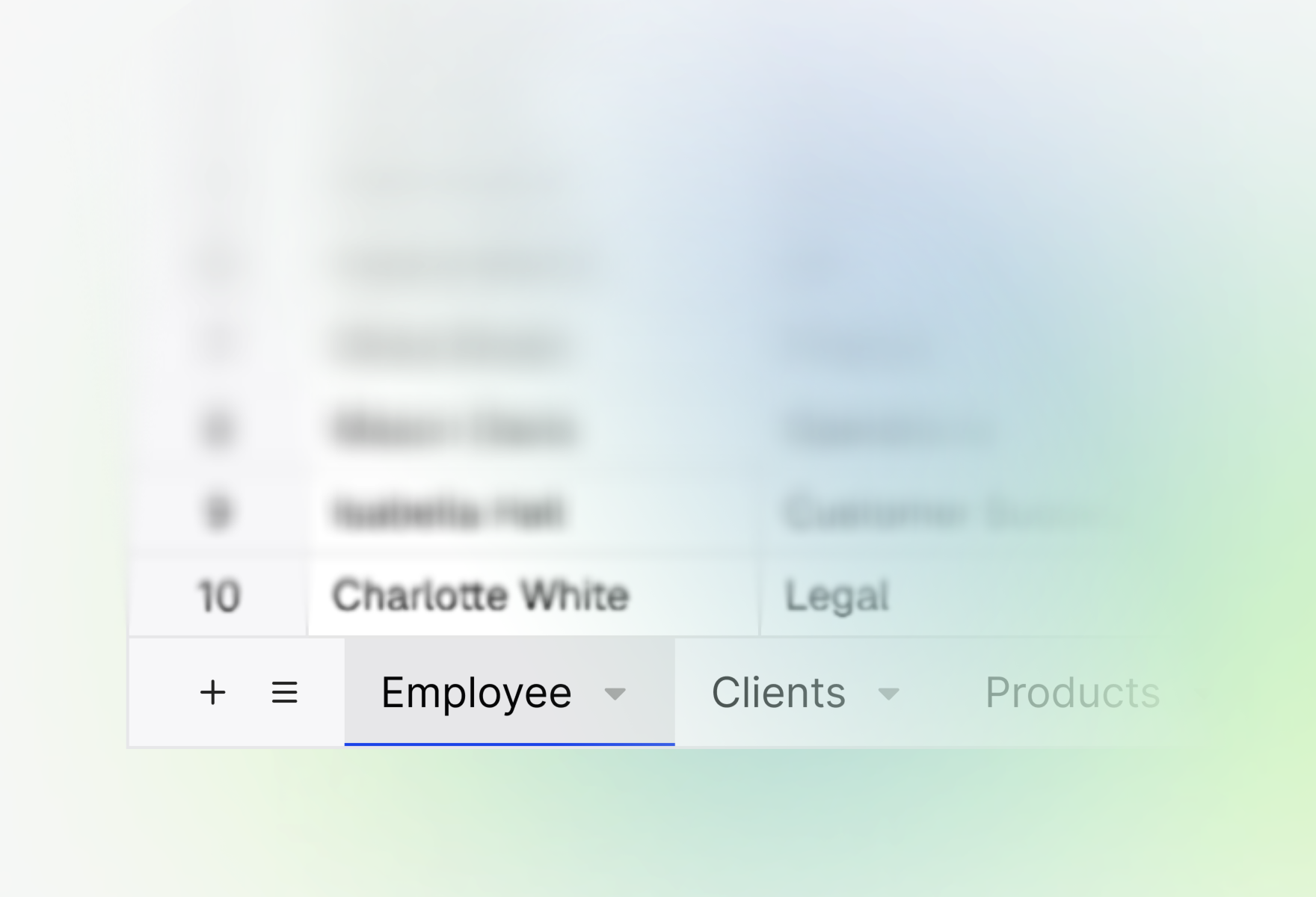Close-up of a grid's sheets bar with add and menu buttons and the Employee, Clients and Products tabs, Employee selected