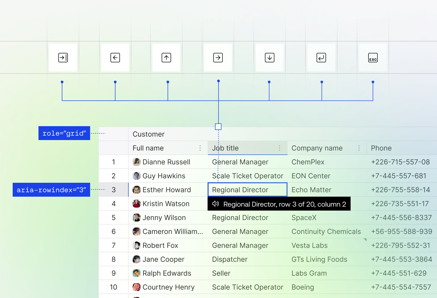 Keyboard keys above a Handsontable grid marked up with role=grid and aria-rowindex, a screen reader announcing “Regional Director, row 3 of 20, column 2”
