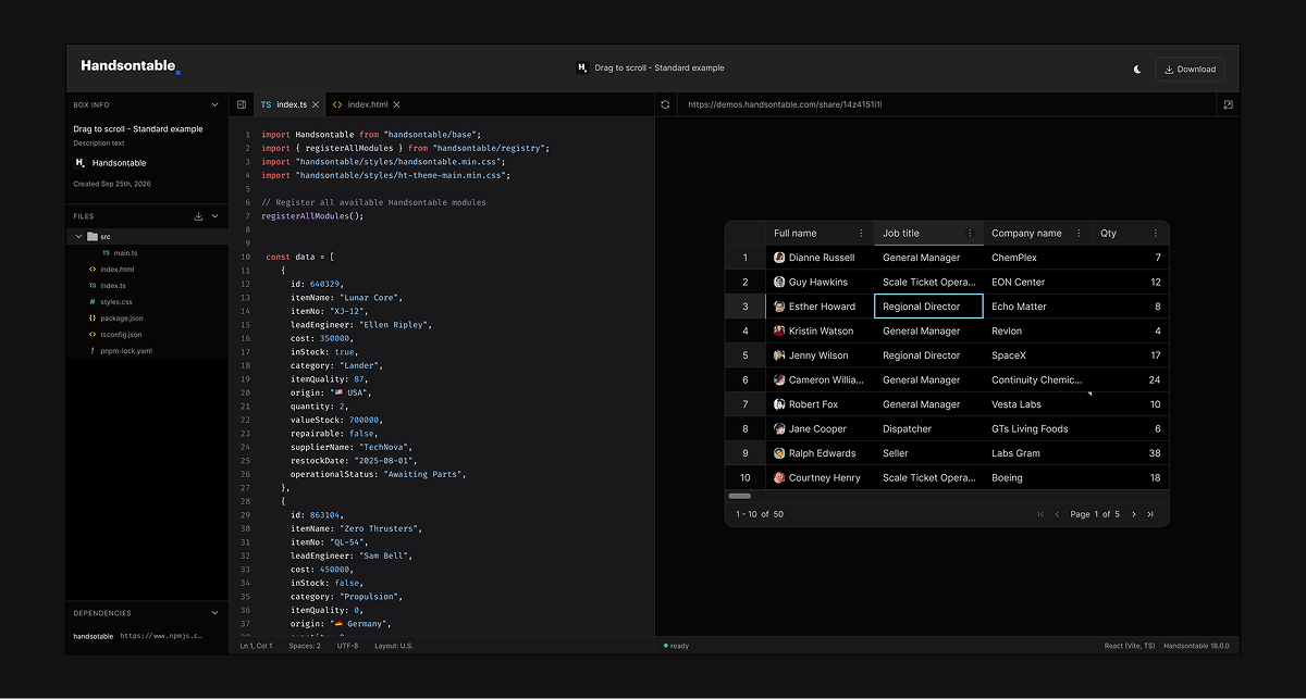 A Handsontable example open in demos.handsontable.com: the file tree, the TypeScript source in the editor and the running grid in the preview