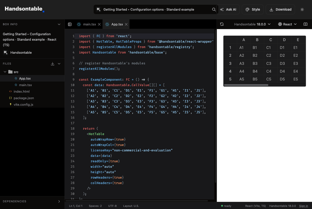 The new demo playground: a documentation example open in an editor with a live Handsontable preview beside it, plus version and framework switchers