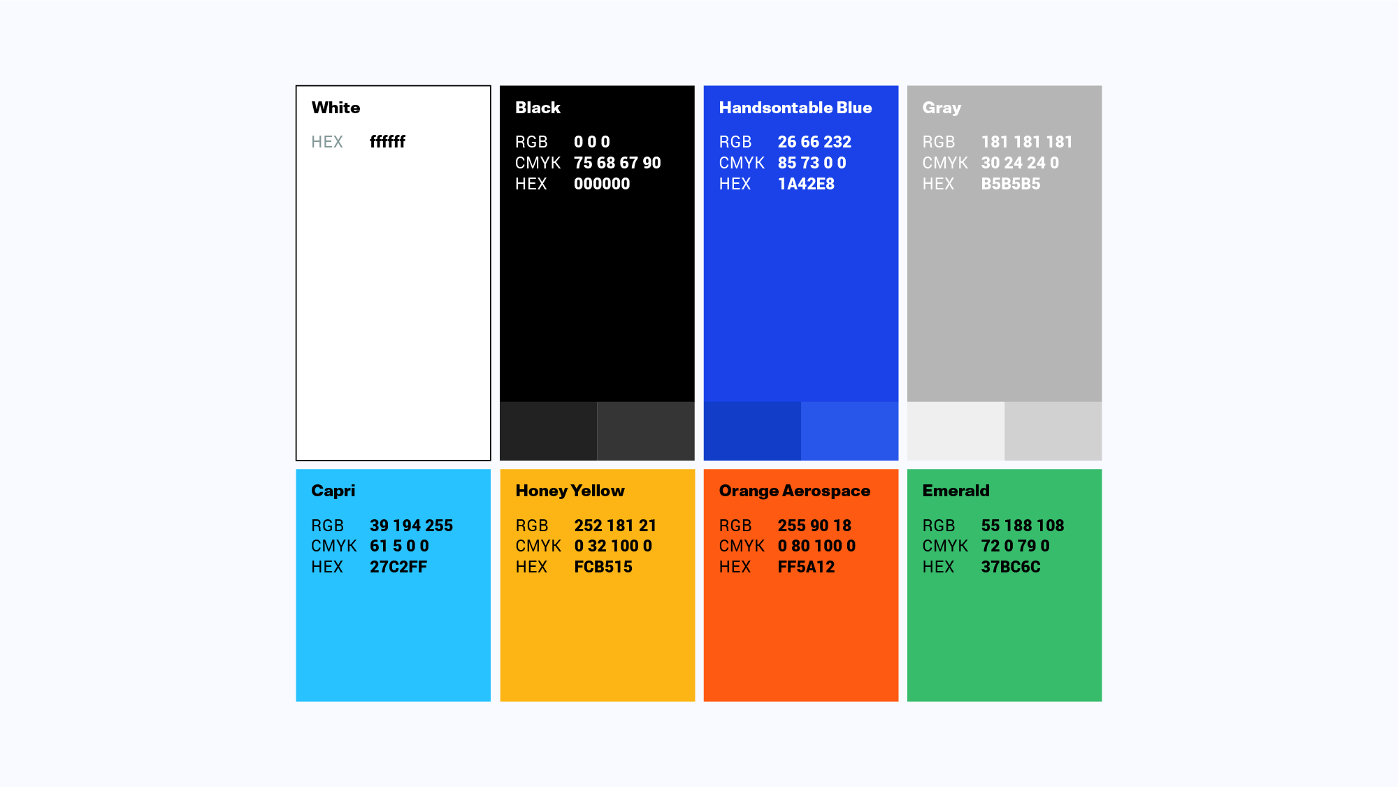 Handsontable brand color palette: white, black, Handsontable Blue, gray, capri, honey yellow, orange aerospace and emerald