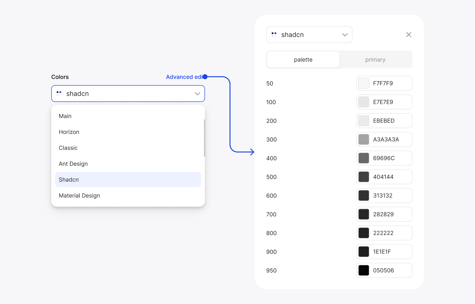 Theme Builder color picker: choosing the shadcn palette opens its advanced editor with the shade values from 50 to 950