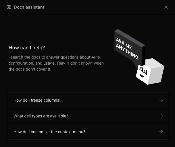 The Docs assistant panel: How can I help?, with three starter questions — freeze columns, available cell types, customizing the context menu
