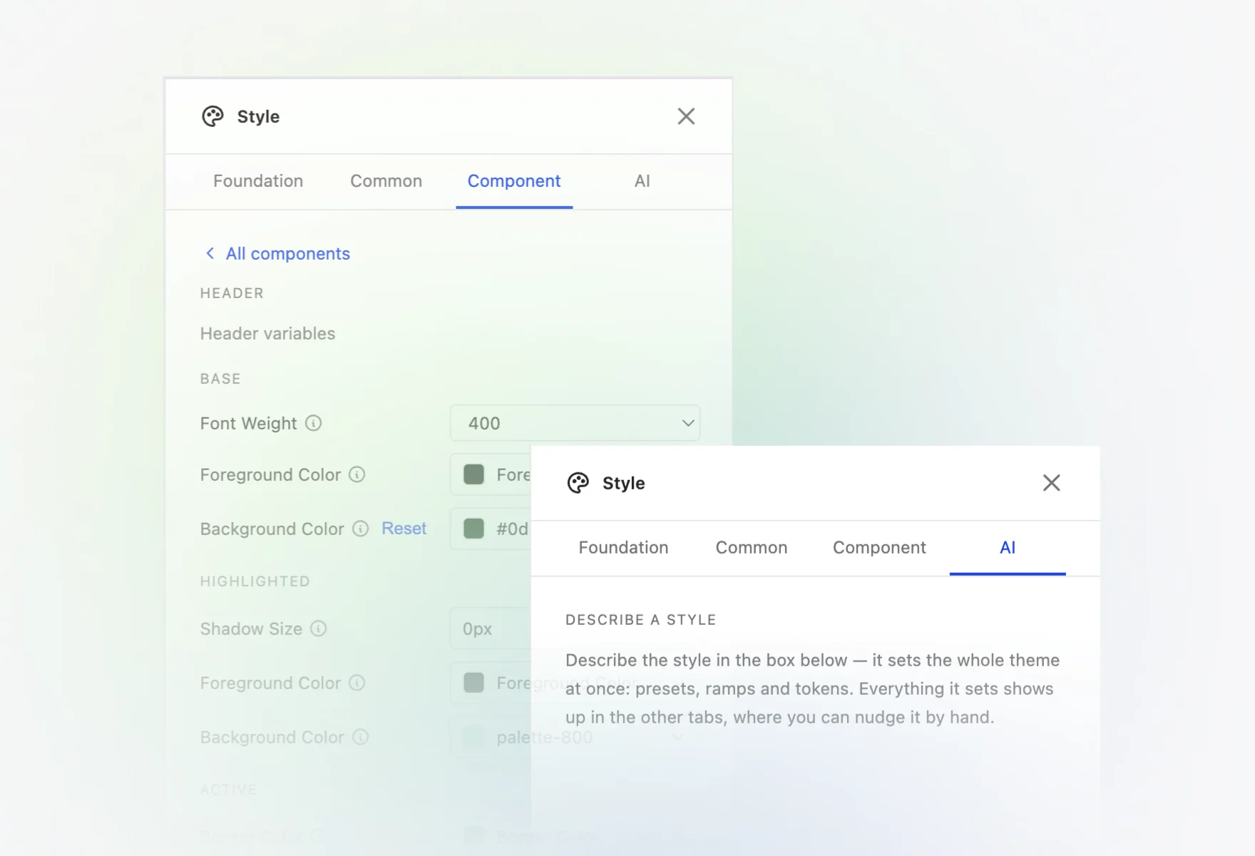 The Theme Builder's Style panel twice: the Component tab with header font weight and colors, and the AI tab, where one sentence describing a style sets the whole theme