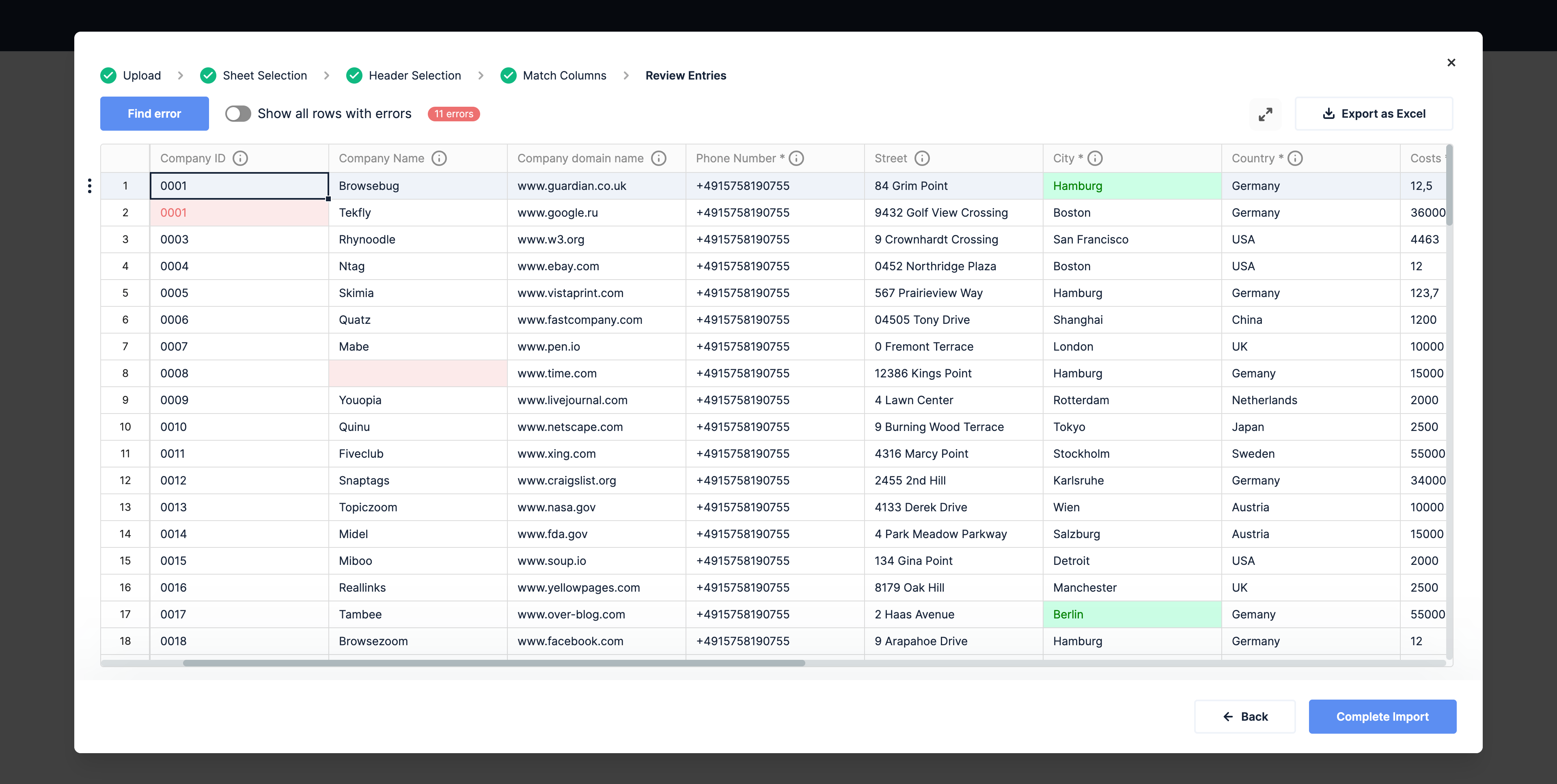 Ingestro importer: review entries step with validation errors highlighted in the grid