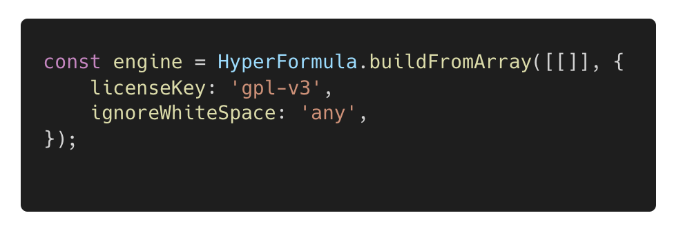 Code sample: HyperFormula.buildFromArray with licenseKey 'gpl-v3' and ignoreWhiteSpace set to 'any'