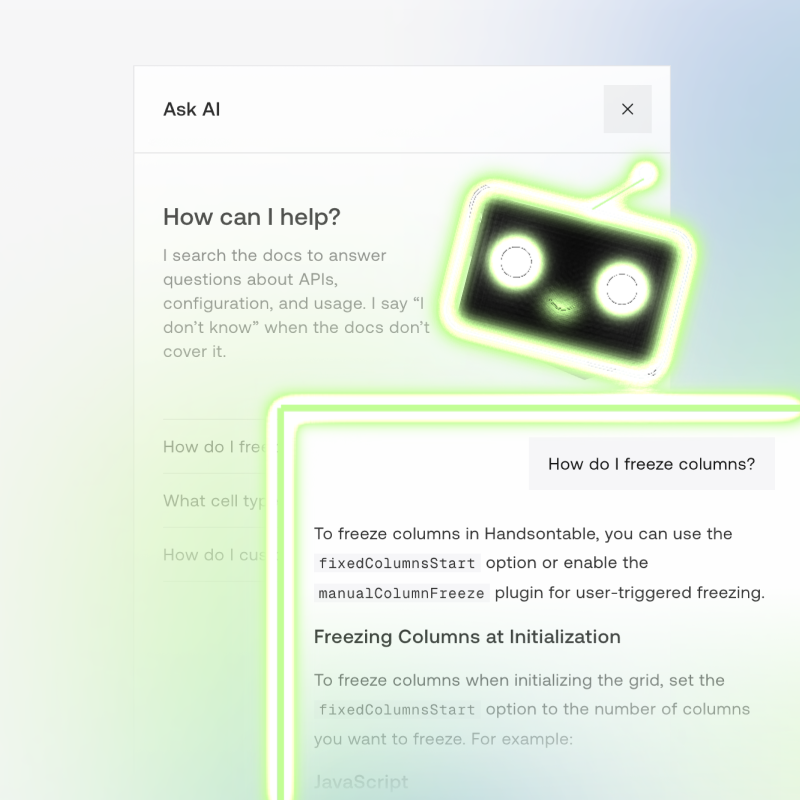 The Ask AI chat panel answering "How do I freeze columns?", with a glowing green robot face peeking over it
