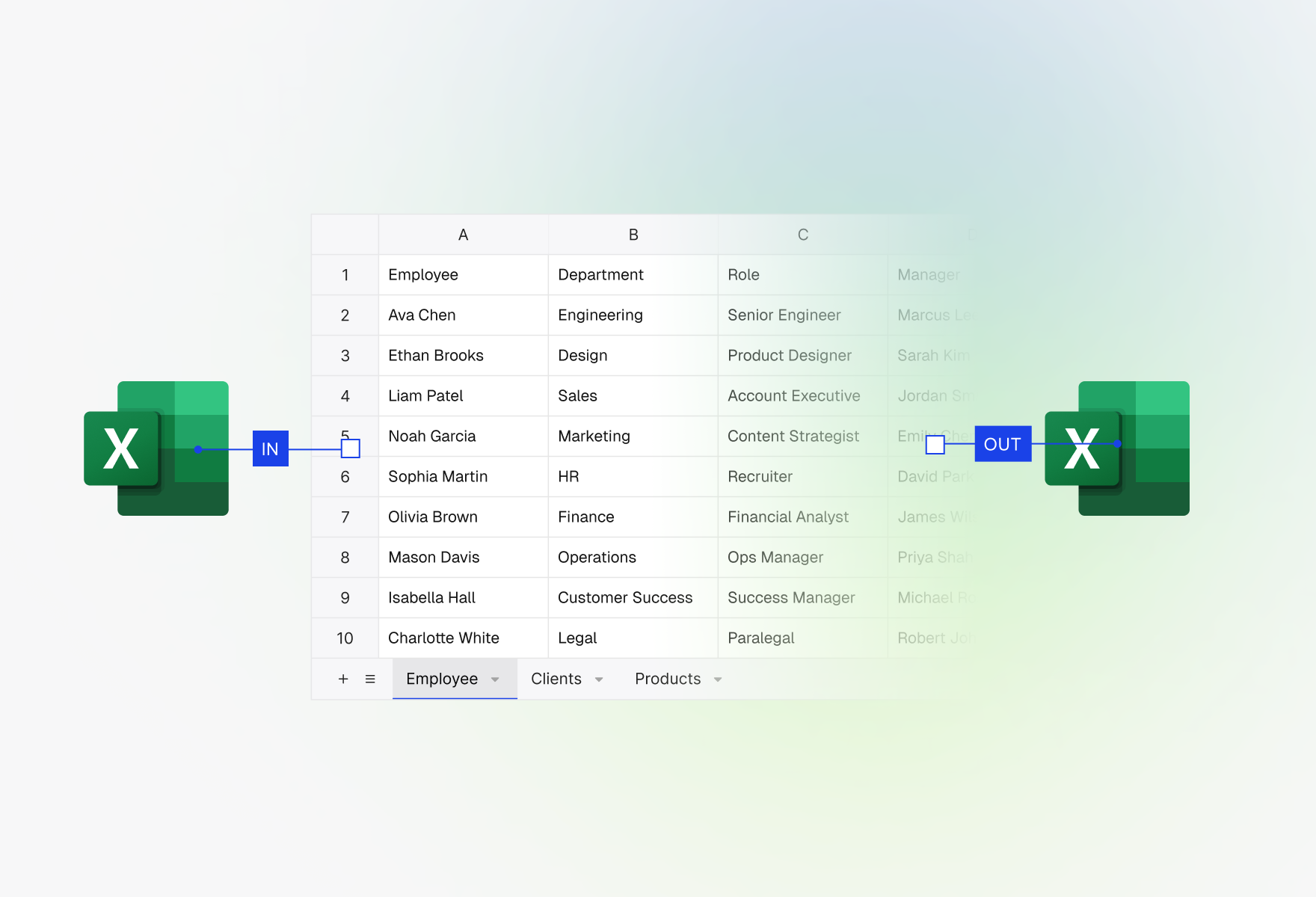 An Excel file flowing into a spreadsheet grid, labeled In, and back out to another Excel file, labeled Out