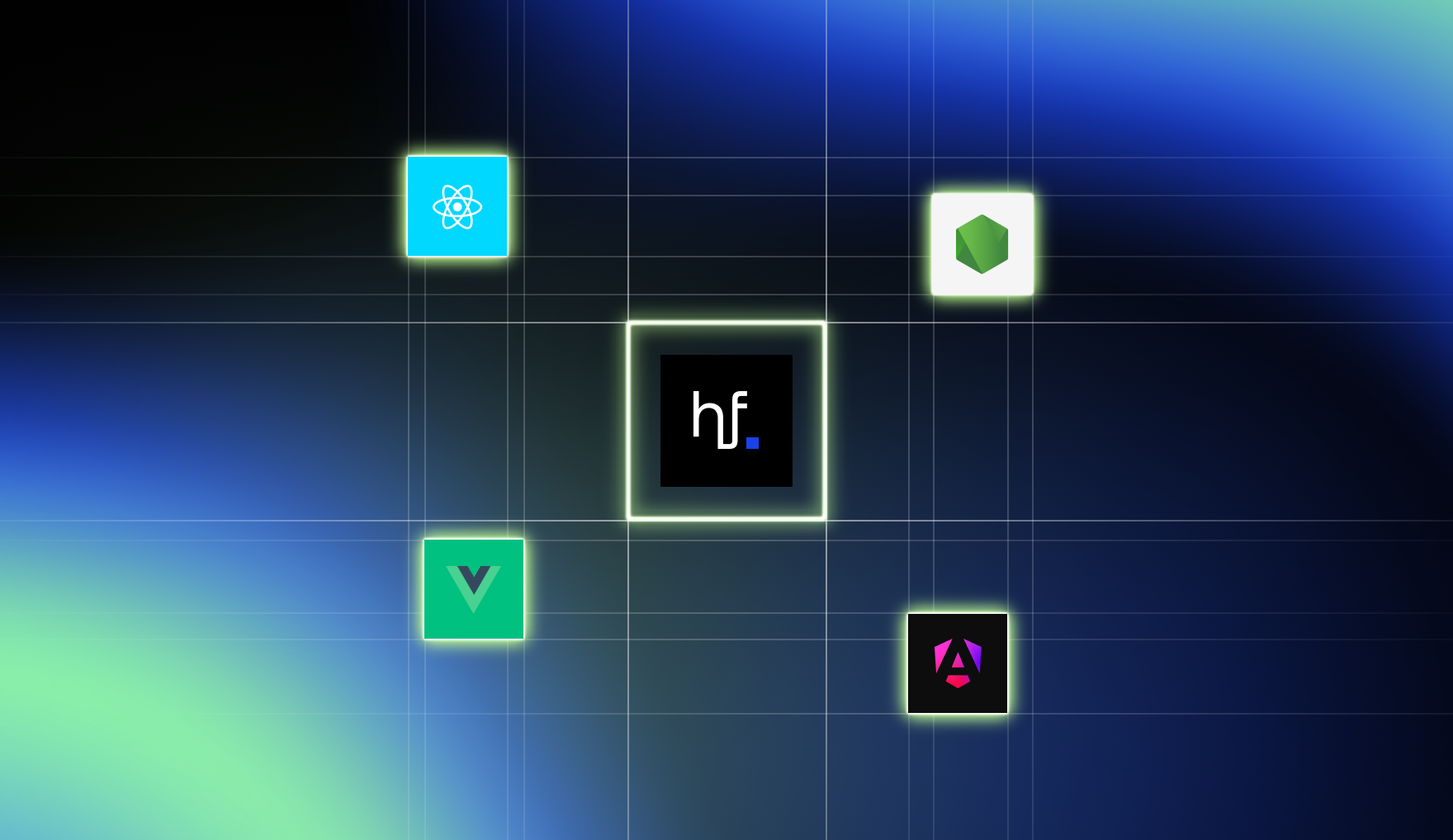 The HyperFormula mark at the centre of a grid, with React, Vue, Angular and Node.js tiles around it