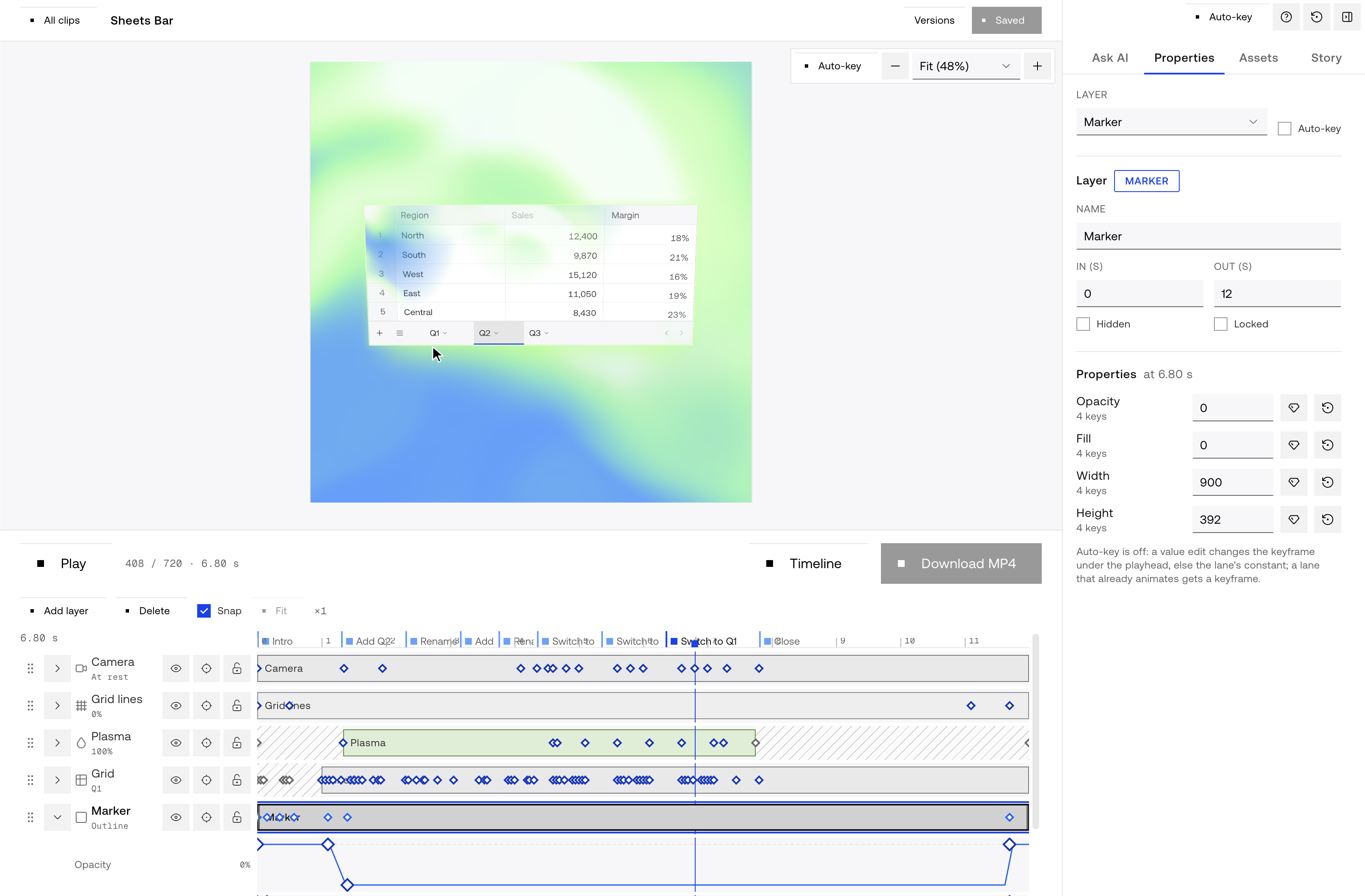 The Studio editor: a clip with a spreadsheet tab bar over a blue and green gradient on the stage, a properties panel for the selected Marker layer on the right, and a timeline below with keyframes for the camera, grid lines, plasma, grid and marker layers.