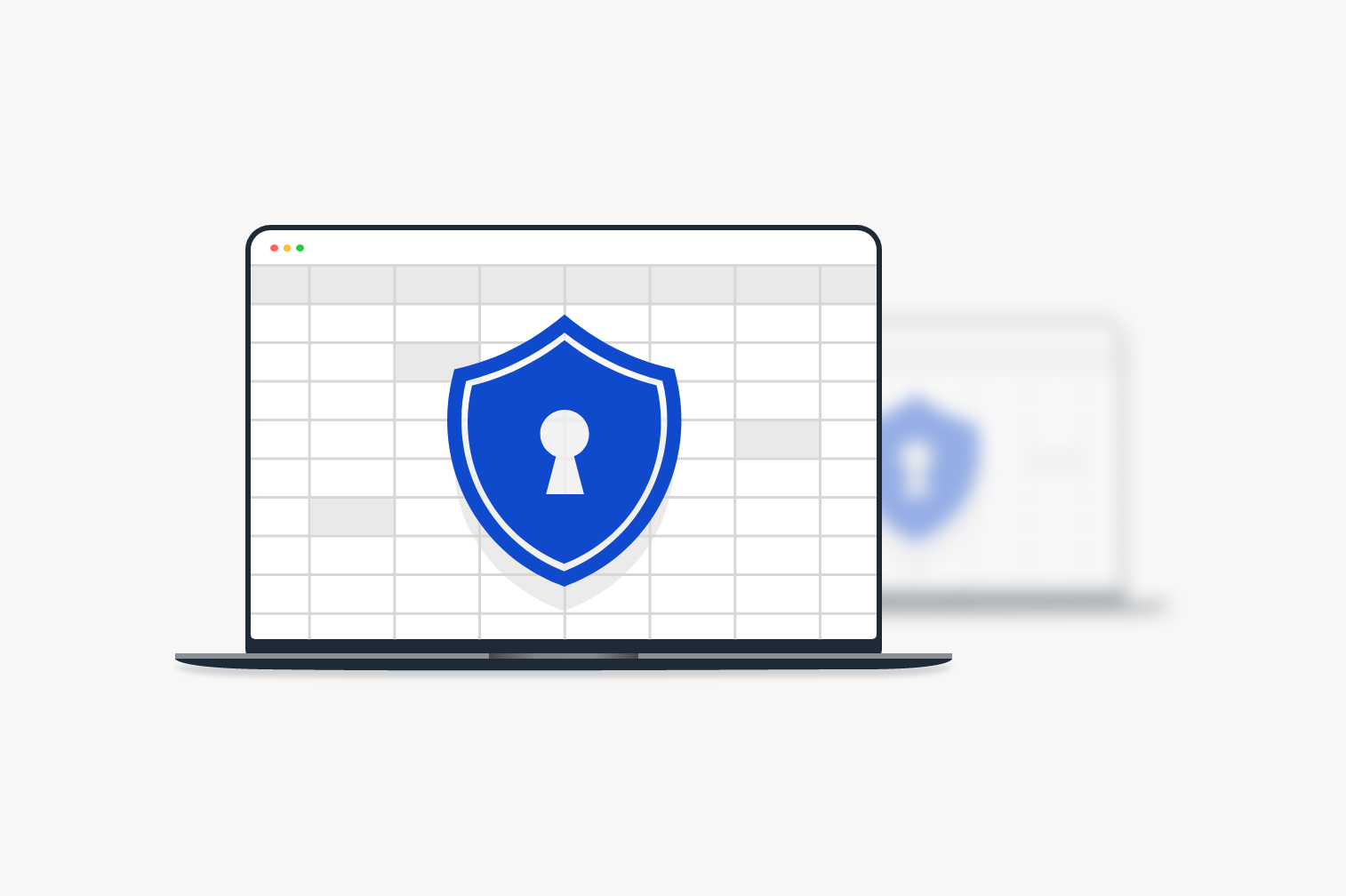 Laptop showing a spreadsheet behind a blue security shield with a keyhole