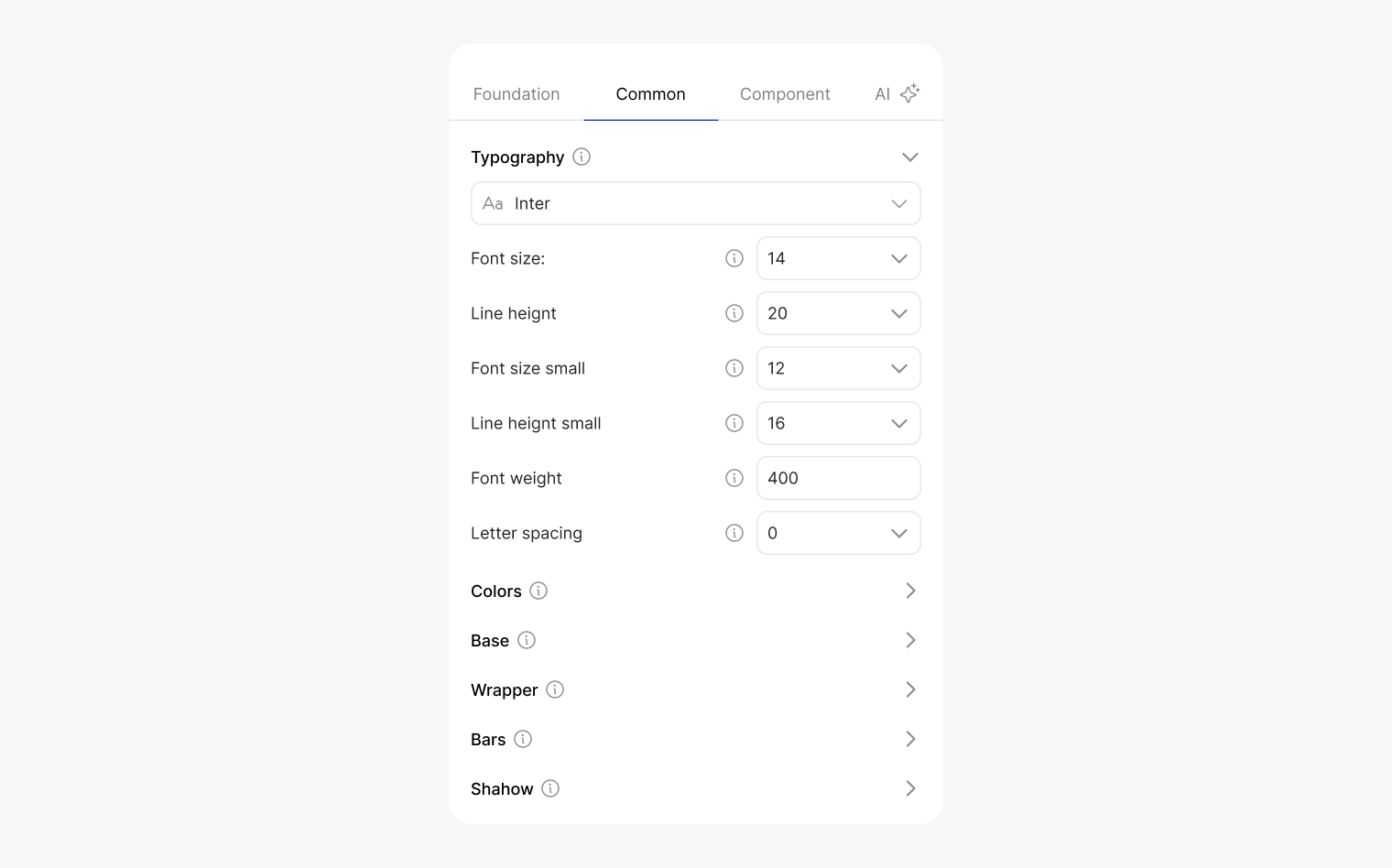 Theme Builder Common tab with typography settings: font family, sizes, line heights, weight and letter spacing