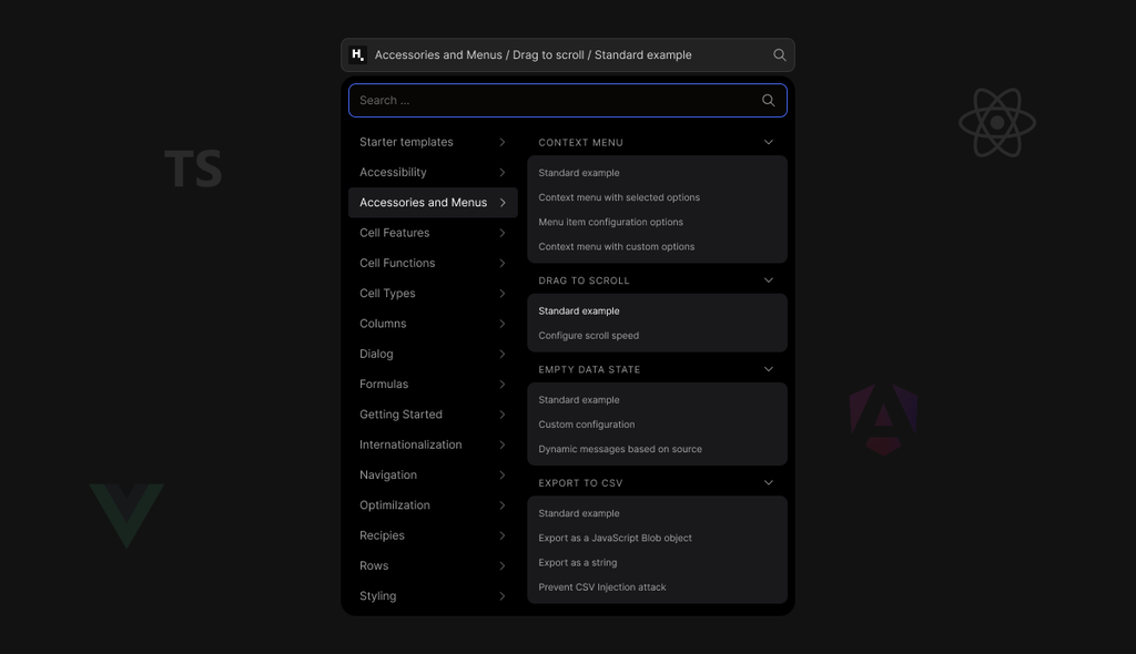 The demo runner's example browser: a searchable tree of documentation examples grouped by guide, over faded React, Vue, Angular and TypeScript logos
