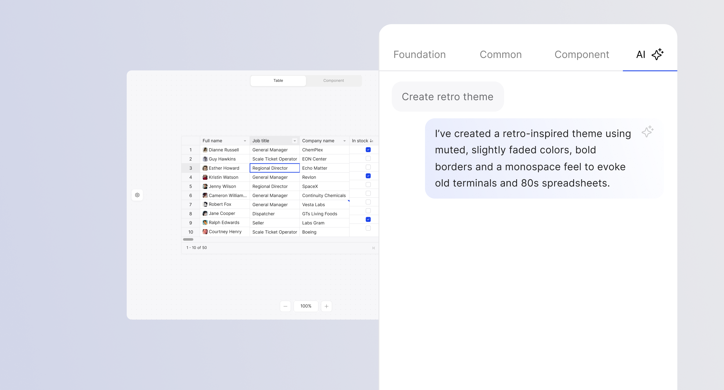 The Theme Builder's AI tab: asked to create a retro theme, the assistant replies with muted, faded colors, bold borders and a monospace feel, next to the live grid