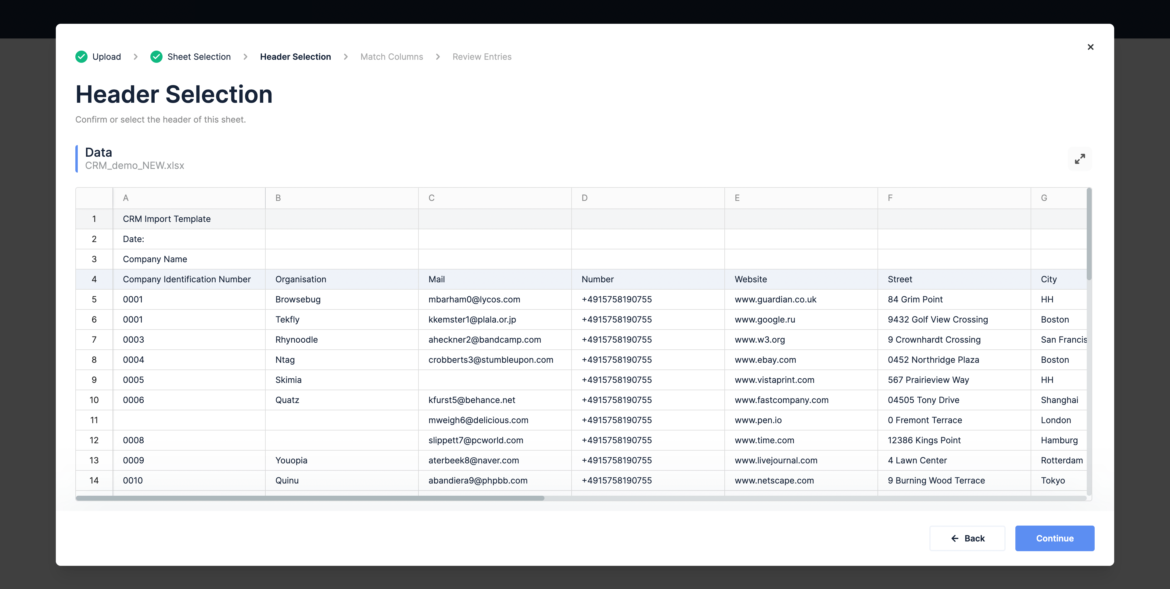 Ingestro importer: header selection step over a spreadsheet grid