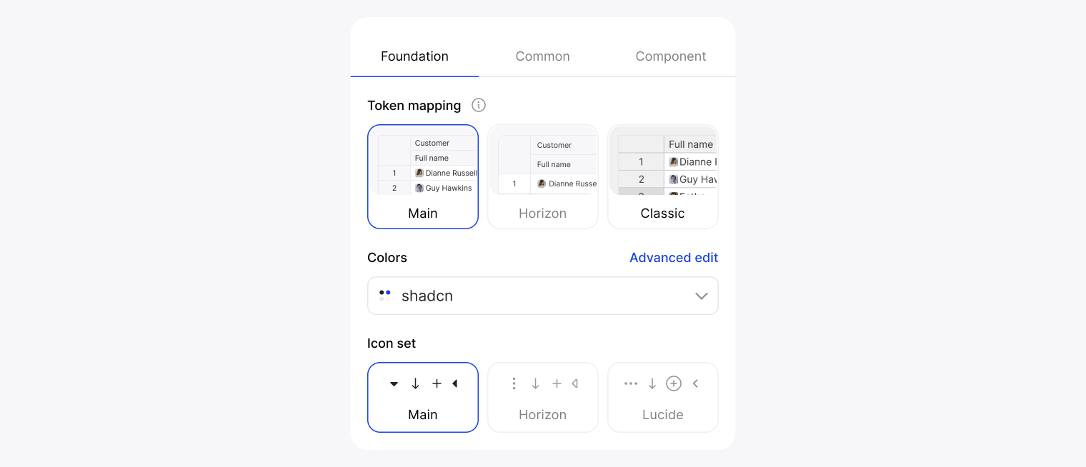 Theme Builder Foundation tab: token mapping, color palette and icon set choices