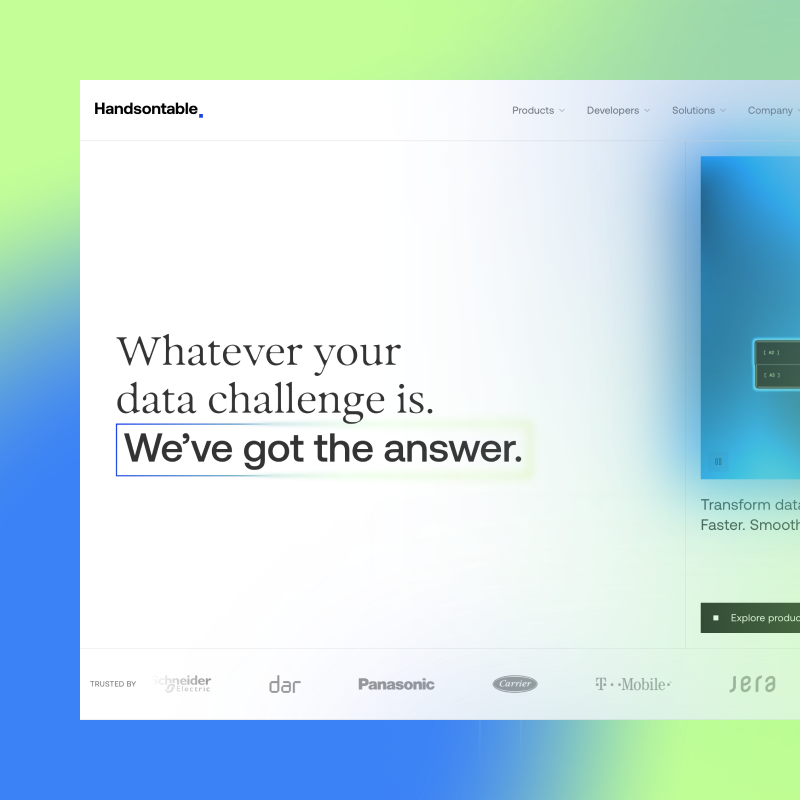 The new handsontable.com homepage headline, “Whatever your data challenge is. We’ve got the answer.”, on a green and blue wash.