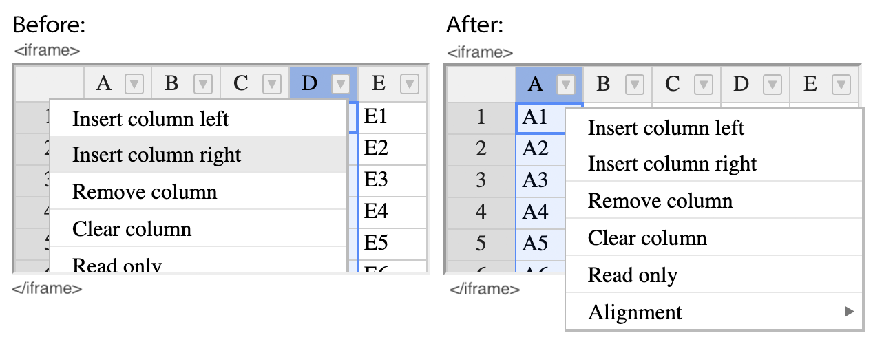 Before and after: the column dropdown menu used to be cut off by its iframe and now shows every item