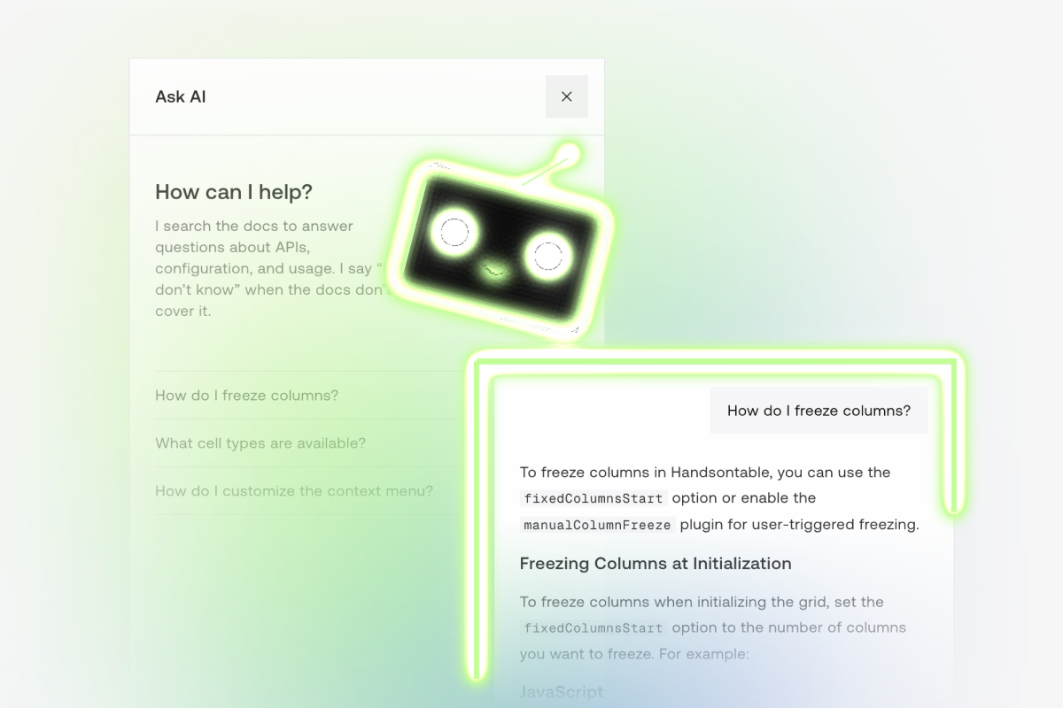 The Ask AI chat panel answering "How do I freeze columns?", with a glowing green robot face peeking over it